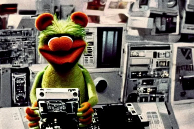 Image similar to muppet cyborg - pitbull, surrounded by screens, in 1 9 7 6, y 2 k cybercore, industrial low - light photography, still from a ridley scott movie