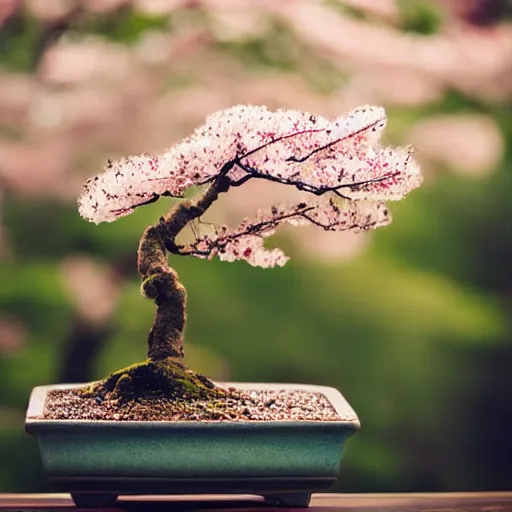 Image similar to photo of a cherry blossom bonsai tree, bokeh, beautiful, cinematic, high detail, amazing,