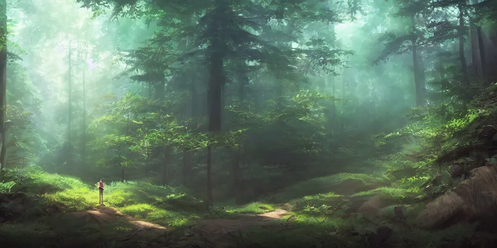 Image similar to a forest, cinematic angle, studio Ghibli, volumetric lighting, bold, beautiful composition, intricate, elegant, artstation, detailed oil painting, hyperrealistic, sharp focus, 8k