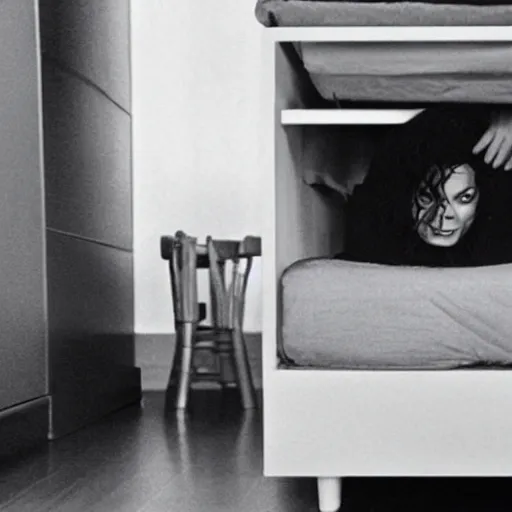 Image similar to michael jackson hidding under a bed