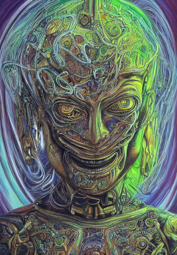 Image similar to perfectly centered portrait, front view of a beautiful biomechanical alien android robot buddha, female, flowing hair, intense stare, sarcastic smile, symmetrical, concept art, intricate detail, psychedelic colors, volumetric shadows and lighting, realistic oil painting by alex grey and h. r giger,