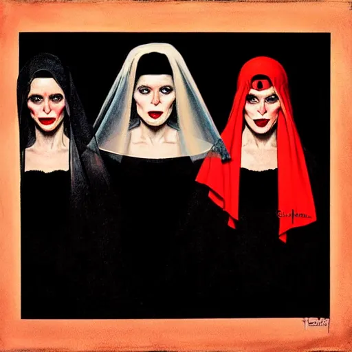 Prompt: in the style of Gottfried Helnwein, Steve Niles Norman Rockwell, three female witches dressed in black with veils:: graveyard:: red moon:: vampire blonde woman::