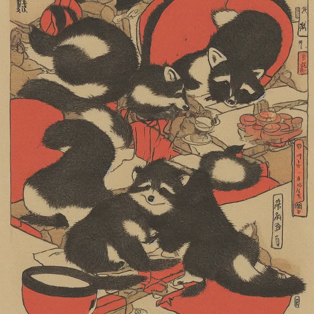 Image similar to little raccoon sitting by a cozy fireplace with a cup of tea. warm color temperature. ukiyo - e,