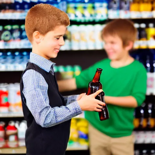 Prompt: boy hold beer bottle in the shop and the casier don't want to sell it to the kid.