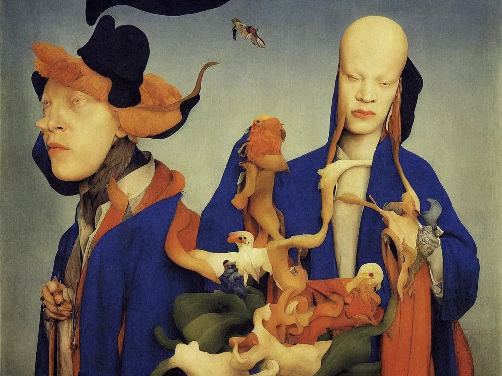 Image similar to portrait of albino mystic with blue eyes, with beautiful exotic orchid. Painting by Jan van Eyck, Audubon, Rene Magritte, Agnes Pelton, Max Ernst, Walton Ford