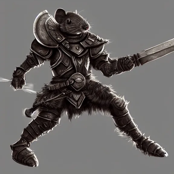 Image similar to warrior mouse with armor lunging towards floating crystal, RPG Portrait, trending on Artstation, Pose Study, ultra detailed, award winning