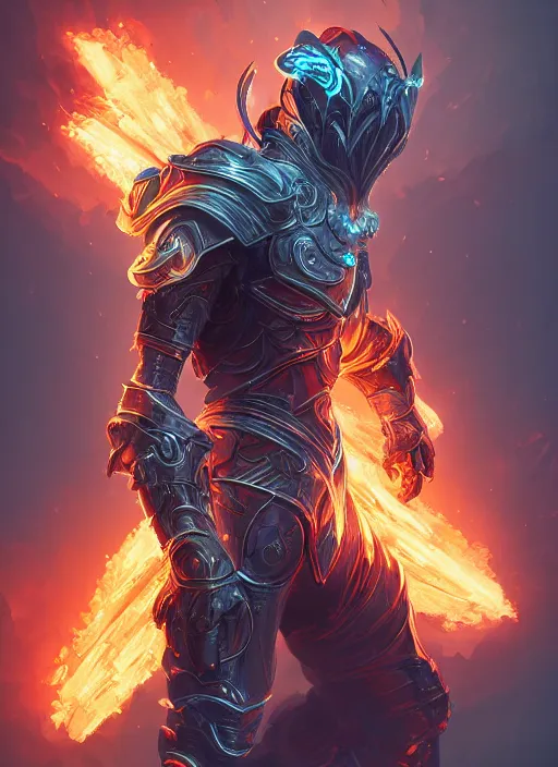 Prompt: a highly detailed illustration of futuristic cyber knight with flaming plume, glowing line cracks in armor, dramatic standing pose, intricate, elegant, highly detailed, centered, digital painting, artstation, concept art, smooth, sharp focus, league of legends concept art, WLOP