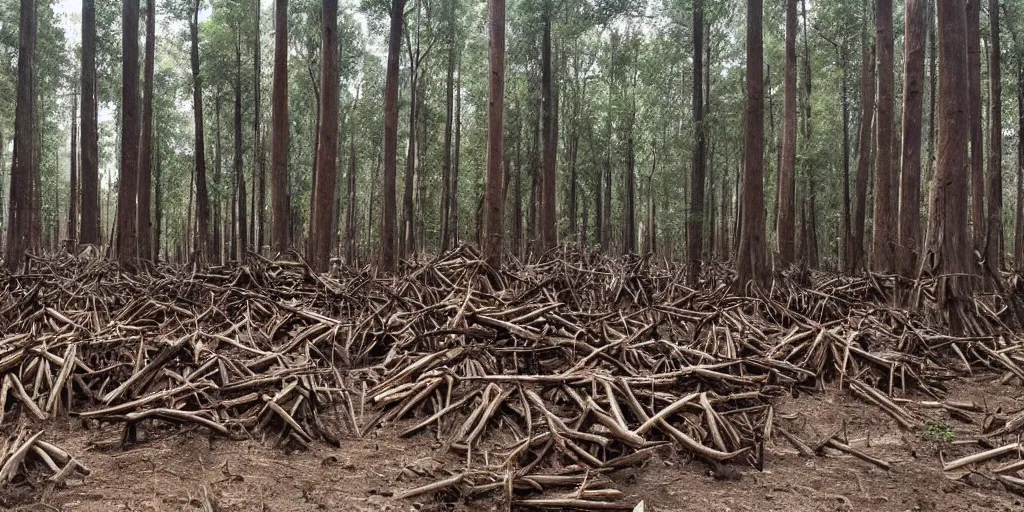 Prompt: photo of a wide clear - cut forest, thick large reedwood tree stumps as far as the eye can see, sad,