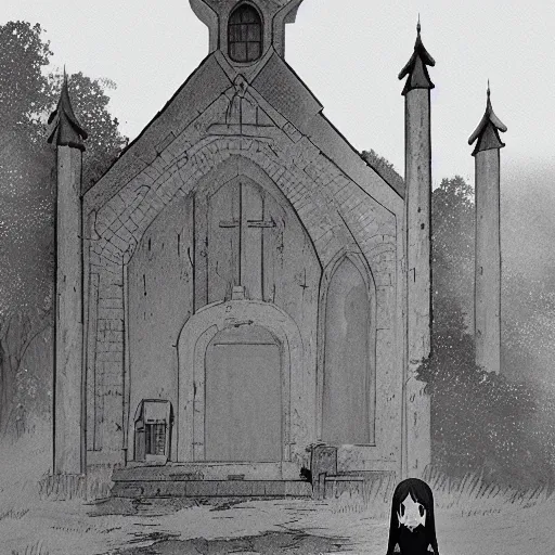 Image similar to ghost of a young girl, a burnt out church, photorealism, cel shaded, studio ghibli, hayao miyazaki