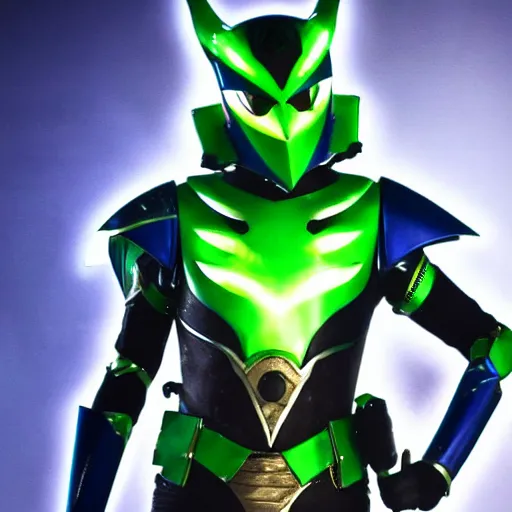 Image similar to High Fantasy Kamen Rider, glowing eyes, 4k, daytime, rubber suit, segmented armor, dark blue armor with green secondary color, tokusatsu