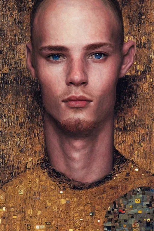 Image similar to portrait of beautiful young man, warhammer, a lot of scars, readhead, the future ages, highly detailed, artstation, illustration, art by gustav klimt, 8 k quality