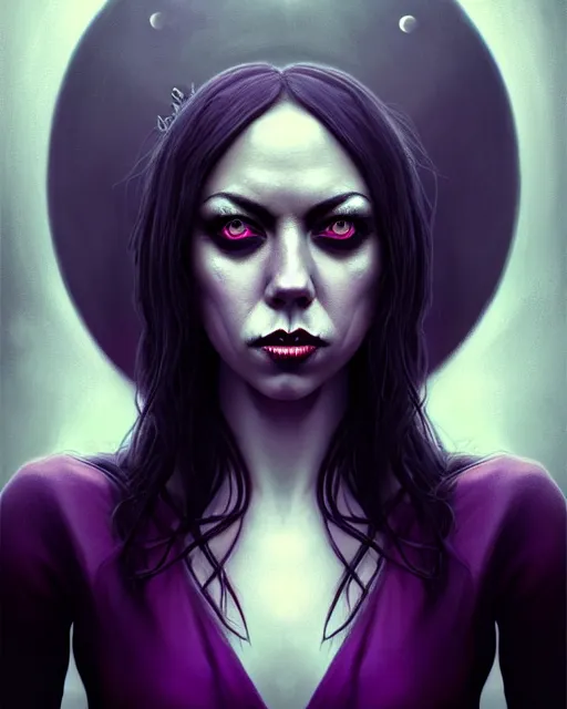 Prompt: stunning beautiful Aubrey Plaza dark witch, purple eyes, evil smile, black magic, realistic character concept, full body black dress, sinister pose, scary magical background, illustration, slender symmetrical face, symmetrical eyes, realistic body, cinematic lighting, hyperdetailed, high resolution, Charlie Bowater, Tom Bagshaw, insanely detailed and intricate