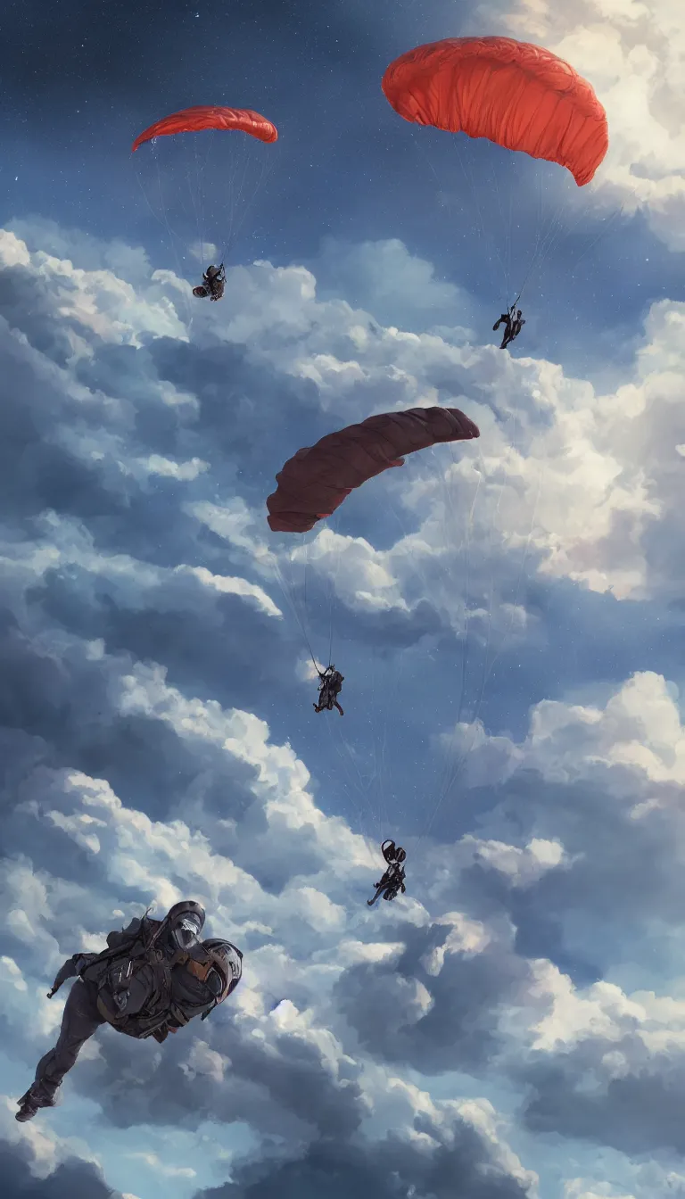 Prompt: an epic art of a single man flying into deep sky with parachute, artstation, digital painting, highly detailed, 8k