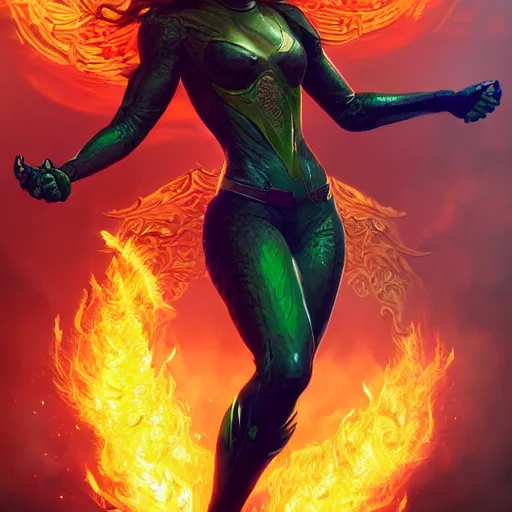 Image similar to full body portrait of jean grey, symetry, perfect face, green eyes, comic, phoenix rising, burning flames, intricate, detailed, volumetric lighting, scenery, digital painting, highly detailed, artstation, sharp focus, illustration, concept art, ruan jia, steve mccurry