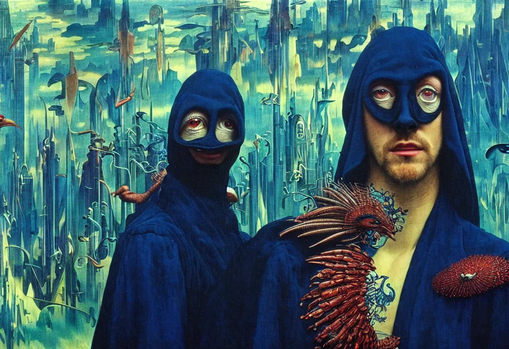 Prompt: realistic detailed portrait movie shot of a creaming birdman wearing black robes, sci fi city landscape background by denis villeneuve, amano, yves tanguy, alphonse mucha, ernst haeckel, max ernst, roger dean, masterpiece, rich moody colours, blue eyes