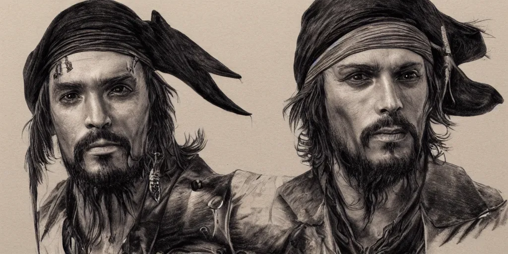 Prompt: realistic portrait of a handsome pirate with black hair, 1450, ink, ultra realistic, 8k