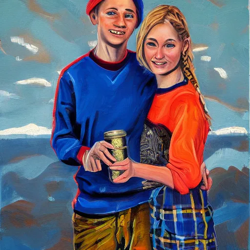 Prompt: a highly detailed painting of a young couple holding a tin can, hjalteyri iceland, summer, blonde hair, vibrant colors, joy, trending on artstation,