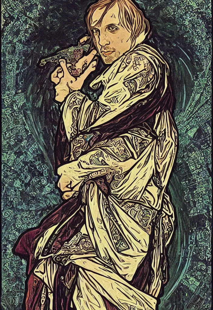 Prompt: Geoff Rickly on a tarot card, tarot major arcana in art style by Alphonse Mucha