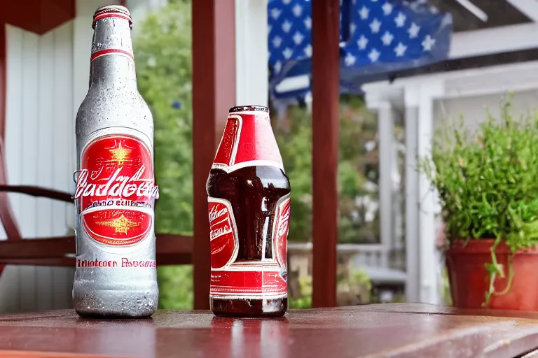 Image similar to an average American drinking a bottle of Budweiser on their porch, photo, 4K