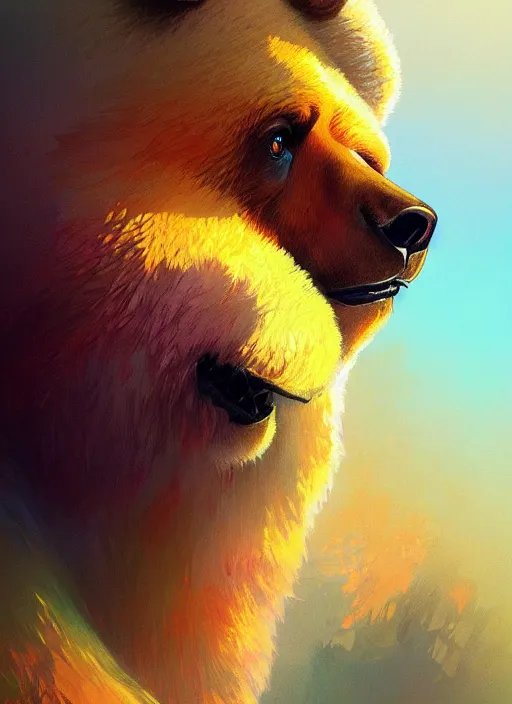 Image similar to portrait of anthropomorphic bear, colorful, highly detailed, digital painting, artstation, concept art, smooth, sharp focus, illustration, art by artgerm and greg rutkowski and alphonse mucha