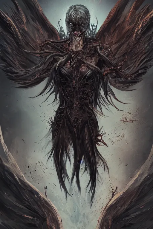 Image similar to character design, wraith rising from ember ashes, tattered demonic wings, ultra detailed, digital art, 8k ,character ,realistic, portrait, hyperrealistic