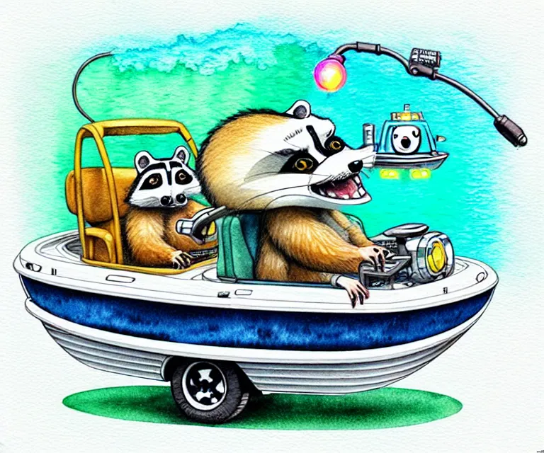 Image similar to cute and funny, racoon driving a tiny pontoon boat with party lights, ratfink style by ed roth, centered award winning watercolor pen illustration, isometric illustration by chihiro iwasaki, edited by craola, tiny details by artgerm and watercolor girl, symmetrically isometrically centered