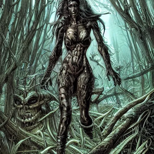 Prompt: sci - fi monster hunters, walking in a flesh and bones forest, hyperdetailed, art liam sharp