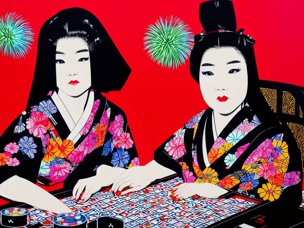 Image similar to hyperrealism composition of the detailed woman in a japanese kimono sitting at an extremely detailed poker table with darth vader, fireworks on the background, pop - art style, jacky tsai style, andy warhol style, acrylic on canvas