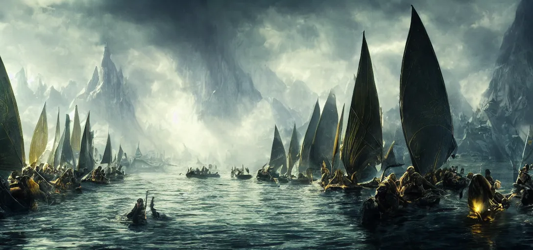 Image similar to cinematic, high - fantasy, market aquare, blue and gold boats, dozens of people, hybrid from the lord of the rings and art direction by darius zawadzki, sharp focus, highly detailed, wideangle epic scale, dynamic dramatic lighting, shadows, cinematic atmosphere, artstation, hyperrealistic, 8 k 4 k uhd image