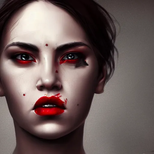 Image similar to angry and disgruntled mom, detailed face with red lips, black eyes and large forehead, detailed body, moody atmosphere, digital art, highly detailed, high contrast, beautiful lighting, award winning, trending on art station, photorealistic, 8 k,