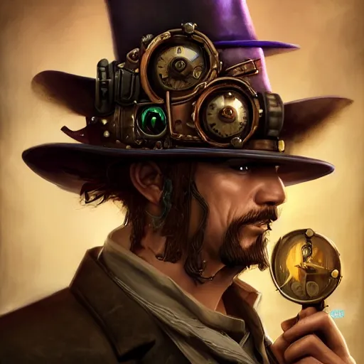 Image similar to Portrait of a steampunk detective in World of Warcraft, cover art, ultra wide lens shot, pretty, beautiful, DnD character art portrait, matte fantasy painting, DeviantArt Artstation, by Jason Felix by Steve Argyle by Tyler Jacobson by Peter Mohrbacher, cinematic lighting, unreal engine, octane render, realistic lighting