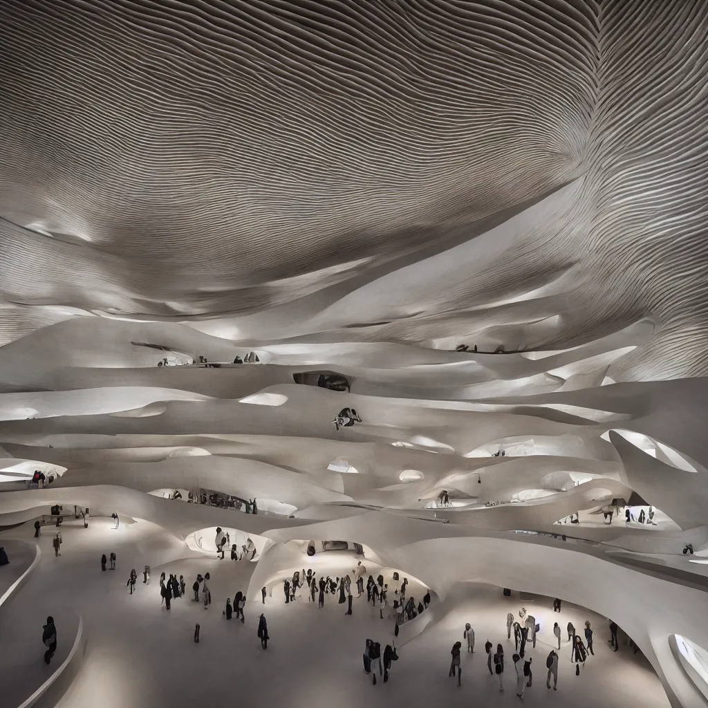 Prompt: “ the interior exhibition halls of a museum of emotions designed by zaha hadid and toyo ito, highly detailed in 4 k ”