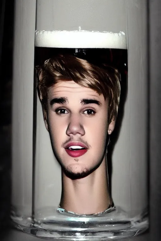 Prompt: just bieber's face hidden behind a glass of beer, inside a beer glass