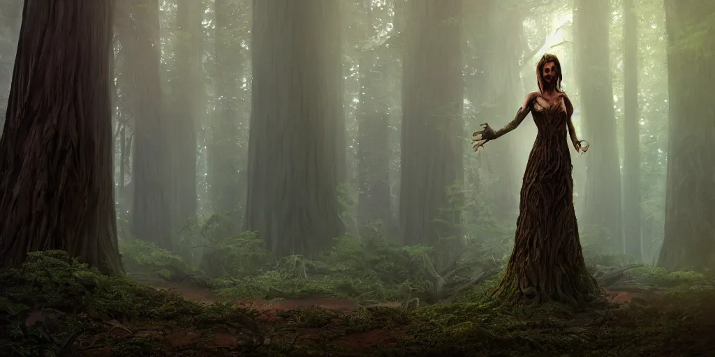 Image similar to detailed matte painting portrait of a menacing dryad in a redwood forest, dramatic lighting and composition, surreal background, octane render, pixar, trending on artstation, concept art, comic book, volumetric lighting 8 k