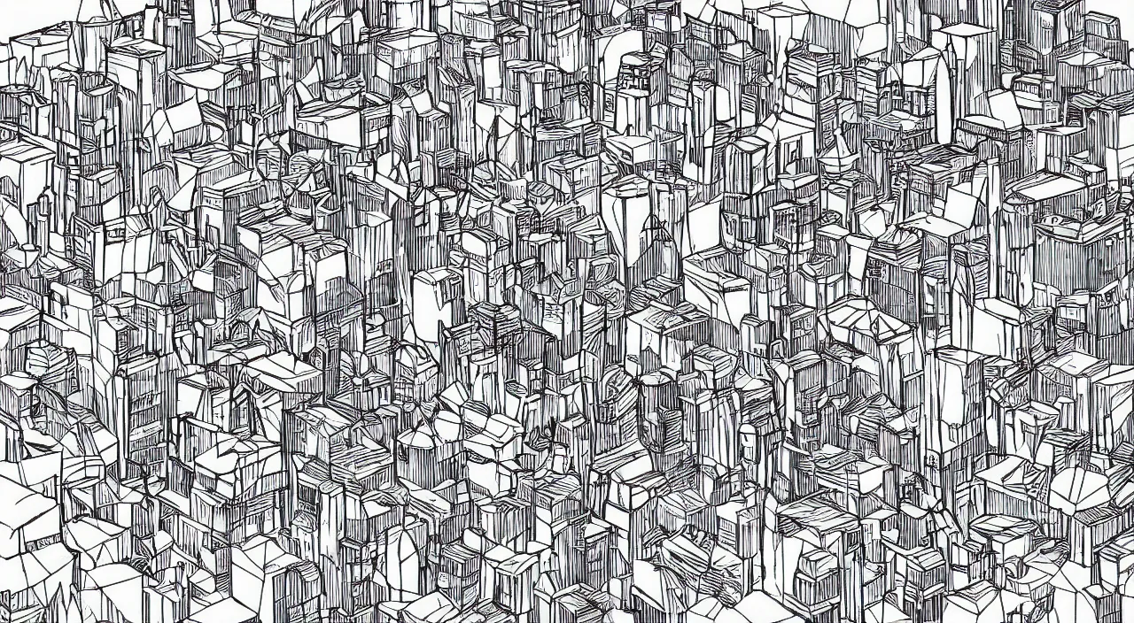 Prompt: axon drawing of a fictional dense city, in vector drawing style of charles williams