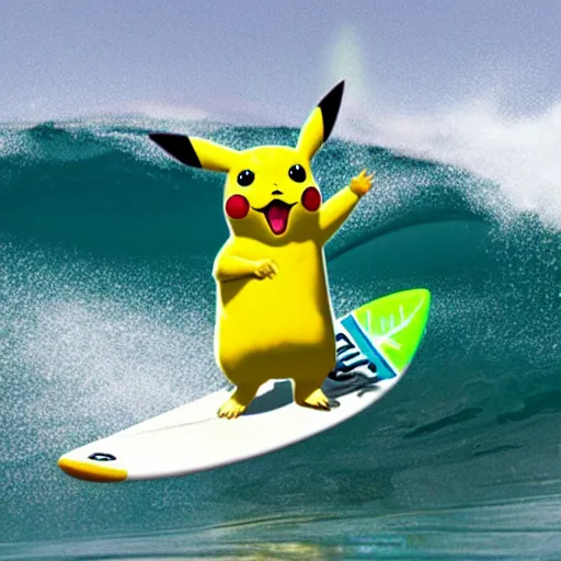 Image similar to pikachu surfing on a wave made of green slime