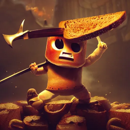 Prompt: viking battle toast, a slice of toasted bread with a face, arms and legs, holding a sword, cute, pixar, volumetric lighting, dynamic composition, fantasy, hyper detailed, ultra realistic, sharp focus, octane render, concept art by ruan jia and heng z and artem