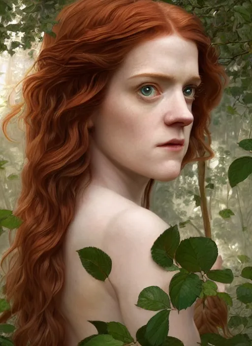 Image similar to portrait Rose Leslie as fox in the forest, full length shot, shining, 8k highly detailed, sharp focus, illustration, art by artgerm, mucha, bouguereau