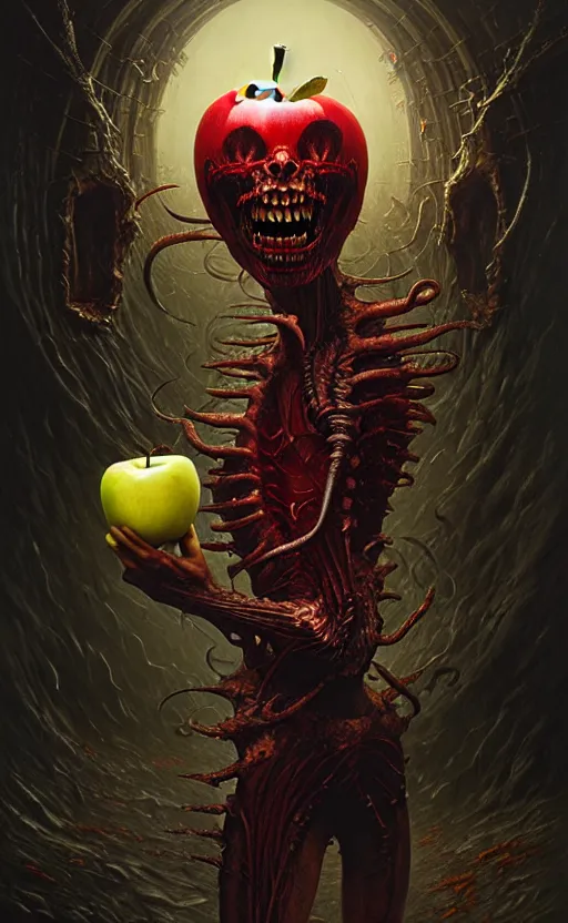 Image similar to tooth and flesh demon holding an apple gift by anna podedworna, ayami kojima, greg rutkowski, giger, maxim verehin