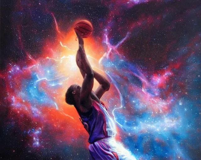 cosmic basketball player dunking in a nebula, an oil | Stable Diffusion