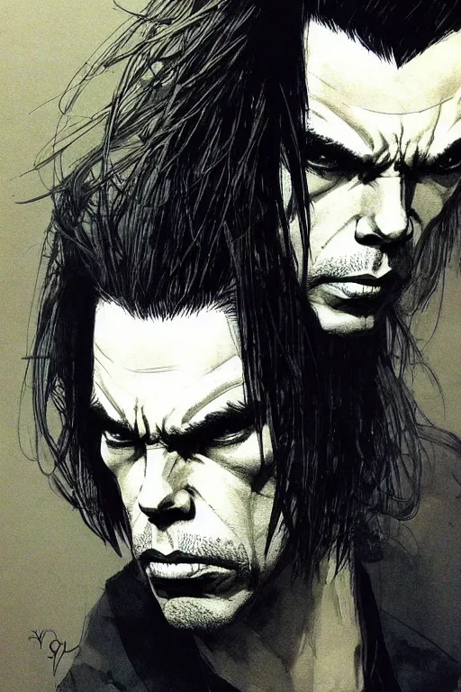 Image similar to portrait of nick cave, concept art, sumi - e style, intricate linework, artstation, trending, highly detailed, smooth, focus, art by yoji shinkawa and glenn fabry,