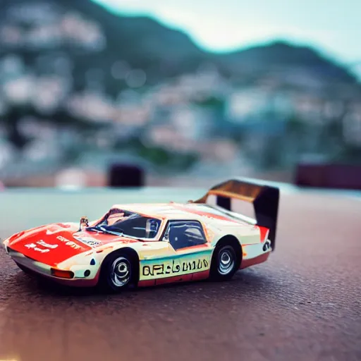 Image similar to 3 5 mm photo of marcello gandini design car like hot wheels model, monaco background, epic cinematic