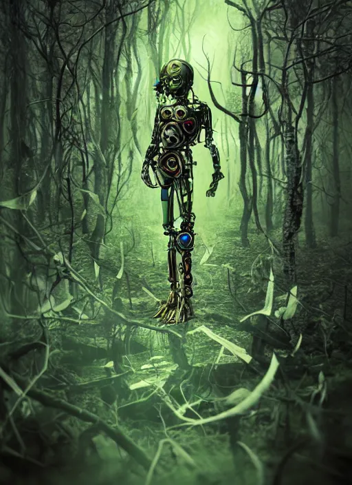 Prompt: a small psychedelic surreal horror cyborg in the chaotic spirit forest, bizarre conceptual art, filmic, fulcolor octane reminder, cinematic, ultra - realistic