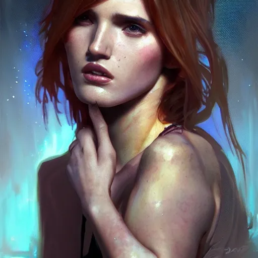 Image similar to full figure bella thorne, hyperrealistic portrait, bladerunner street, art of elysium and jeremy mann and alphonse mucha, fantasy art, photo realistic, dynamic lighting, artstation, poster, volumetric lighting, very detailed face, 4 k, award winning