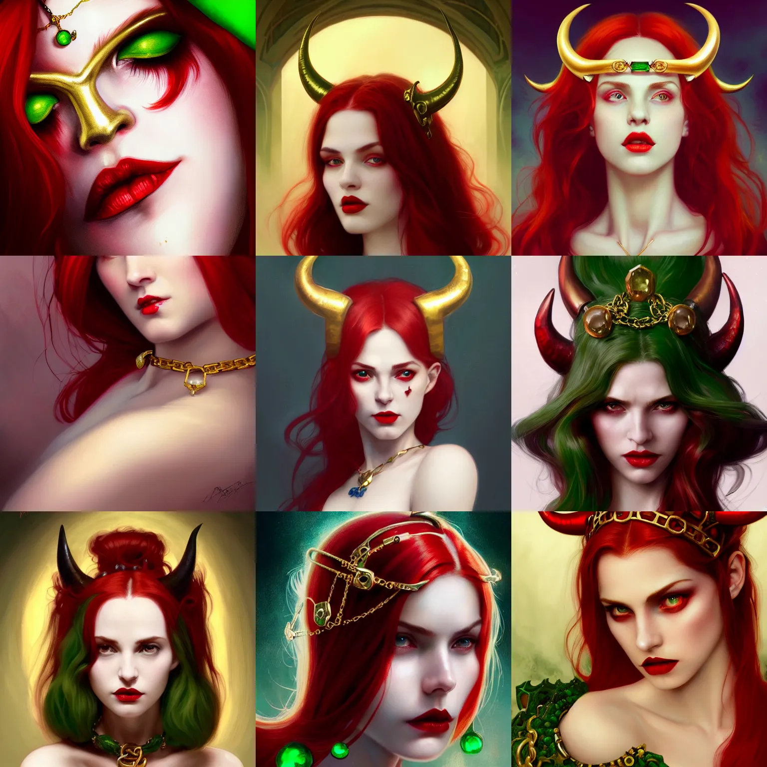 Prompt: beautiful pale woman with red hair and demon horns, a gold chain on her forehead with a green gem, deep red lips, closeup, D&D, fantasy, elegant, highly detailed, digital painting, artstation, concept art, matte, sharp focus, illustration, art by Artgerm and Greg Rutkowski and Alphonse Mucha
