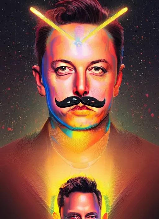 Image similar to symmetry!! portrait of elon musk with a salvador dali moustache intricate, neon lights, highly detailed, digital painting, artstation, concept art, smooth, sharp focus, illustration, art by artgerm and greg rutkowski