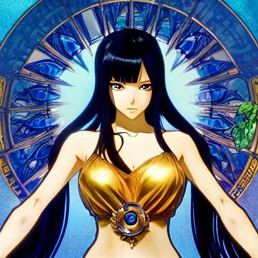 Image similar to highly detailed vfx portrait of nico robin by eiichiro oda, makoto shinkai, alphonse mucha, sharp focus, art by artgerm and greg rutkowski!, backlit, harsh overhead sunlight, blue eyes, stanley kybric, makoto yukimura, takeshi obata, kaoru mori, pixiv, fanbox,