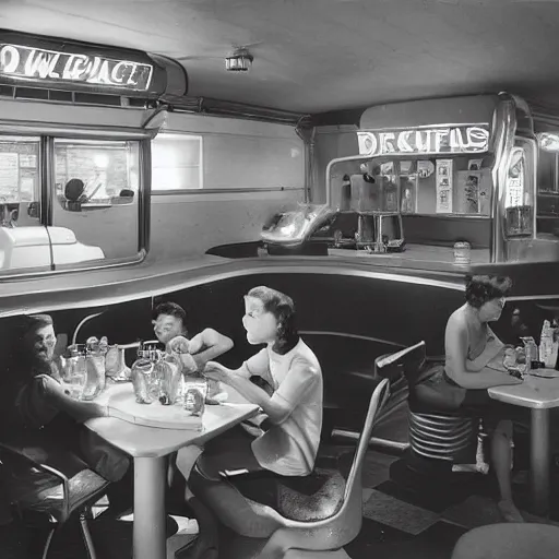 Prompt: detailed sharp photograph in the style of popular science circa 1 9 5 5 and gregory crewdson of a 1 9 5 0 s small town night inside a diner with ten teenage girls drinking milkshakes - w 1 0 2 4