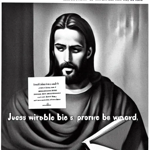 Image similar to Jesus advertising the Bible, 1950s Advert style,