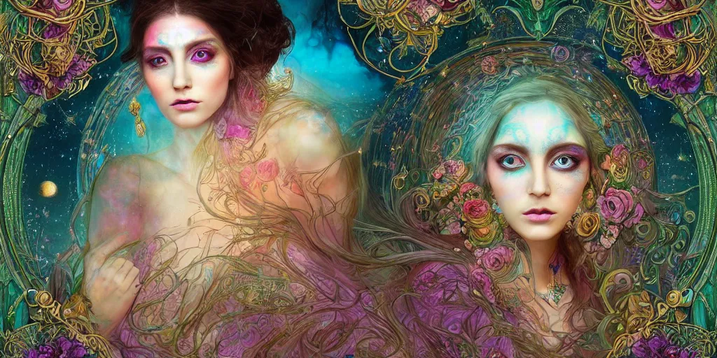 Prompt: a portrait of an ethereal gypsy woman with detailed big eyes and a glowing face, facing the moon, photorealistic, colorful dress, in the style of in the style of ruan jia, karol bak, holographic undertones, ornate art nouveau zodiac astrology stained glass forest background, surrounded by roses, intricate, smooth, sharp focus, dramatic lighting, illustration, hdr, artstation